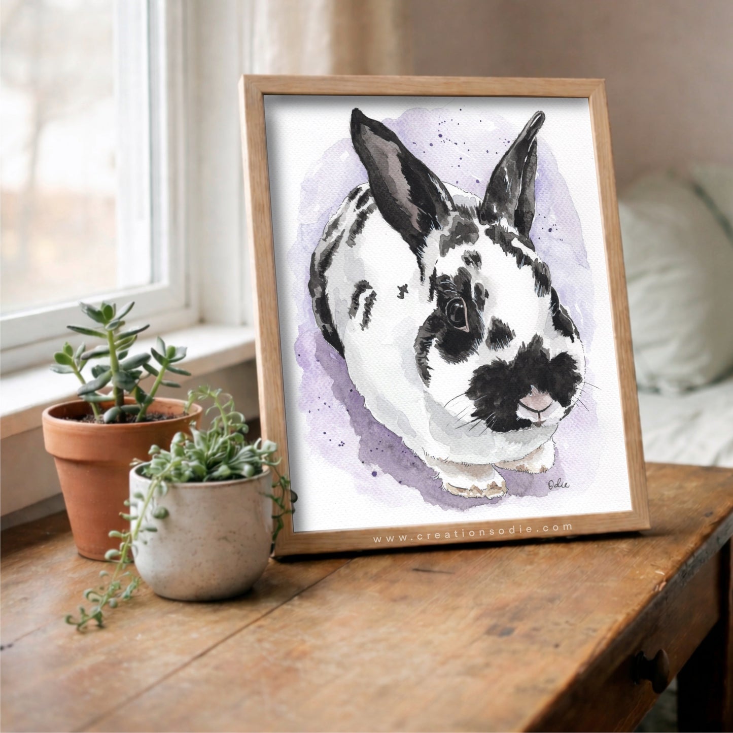 Aquarelle - Animal de compagnie d'un petit lapin noir et blanc- Portrait personnalisé aquarelle - Créations Odie
