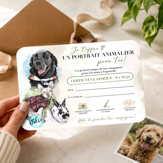 Certificat cadeau – Portrait animalier personnalisé à l'aquarelle - Créations Odie