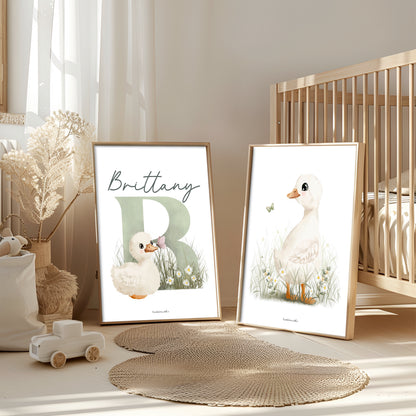 Ensemble d’affiches personnalisées pour chambre de bébé avec oies blanches et marguerites, décoration harmonieuse
