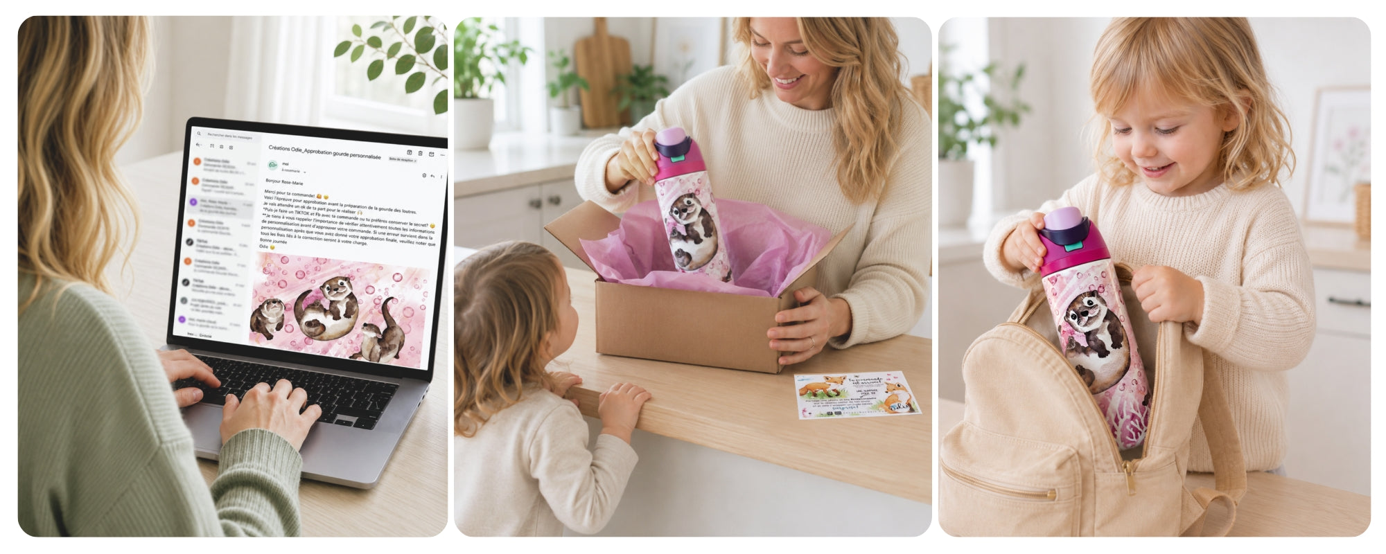 Étapes de personnalisation d'une gourde pour enfant chez Créations Odie