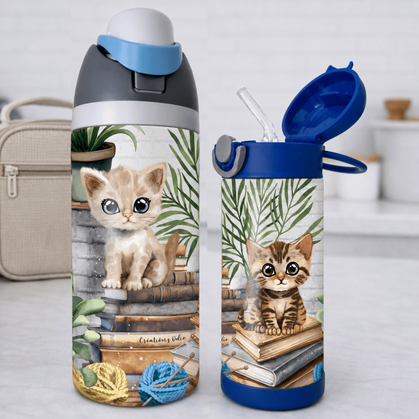 Gourde thermos - Chats sur des livres - Verre isotherme - Créations Odie
