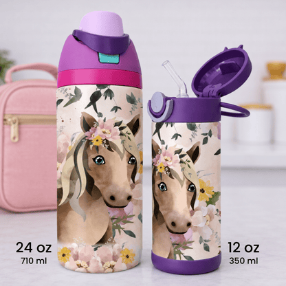 Gourde thermos - Cheval et fleurs - Verre isotherme - Créations Odie