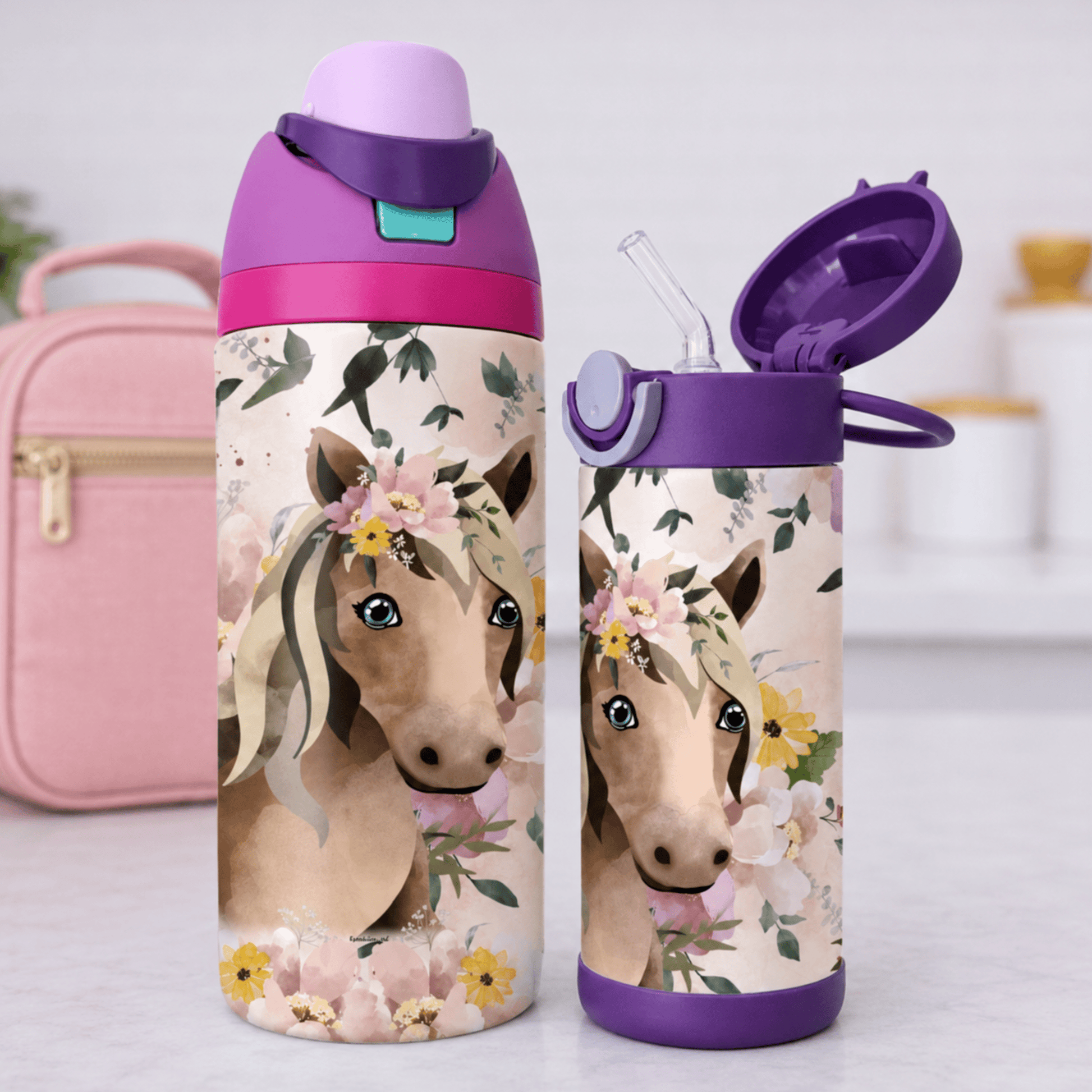 Gourde thermos - Cheval et fleurs - Verre isotherme - Créations Odie
