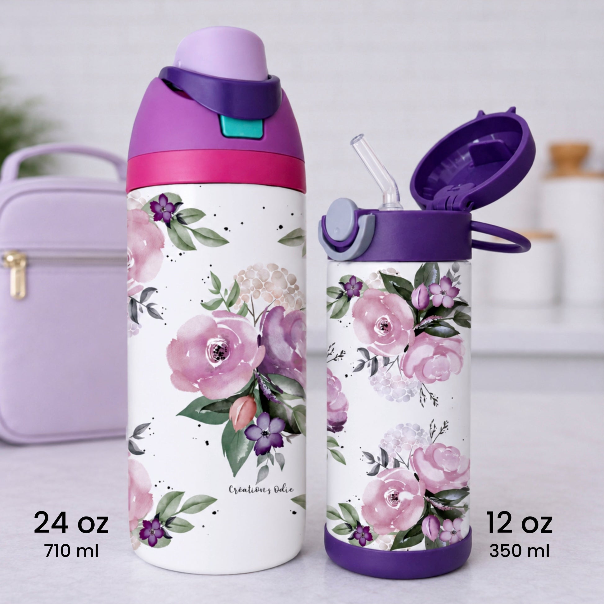 Gourde thermos - Fleurs mauves - Verre isotherme - Créations Odie