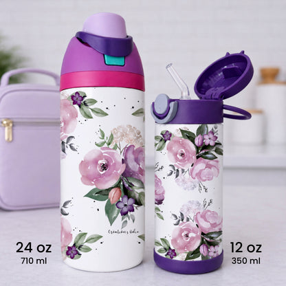 Gourde thermos - Fleurs mauves - Verre isotherme - Créations Odie