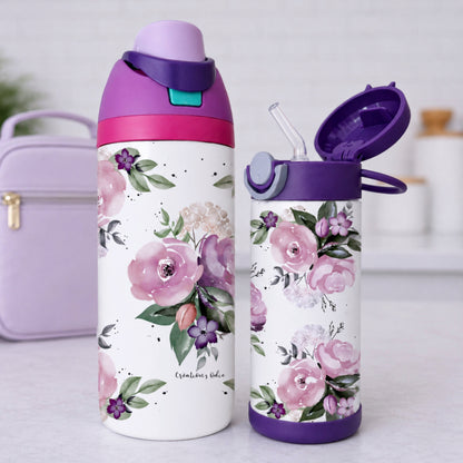 Gourde thermos - Fleurs mauves - Verre isotherme - Créations Odie