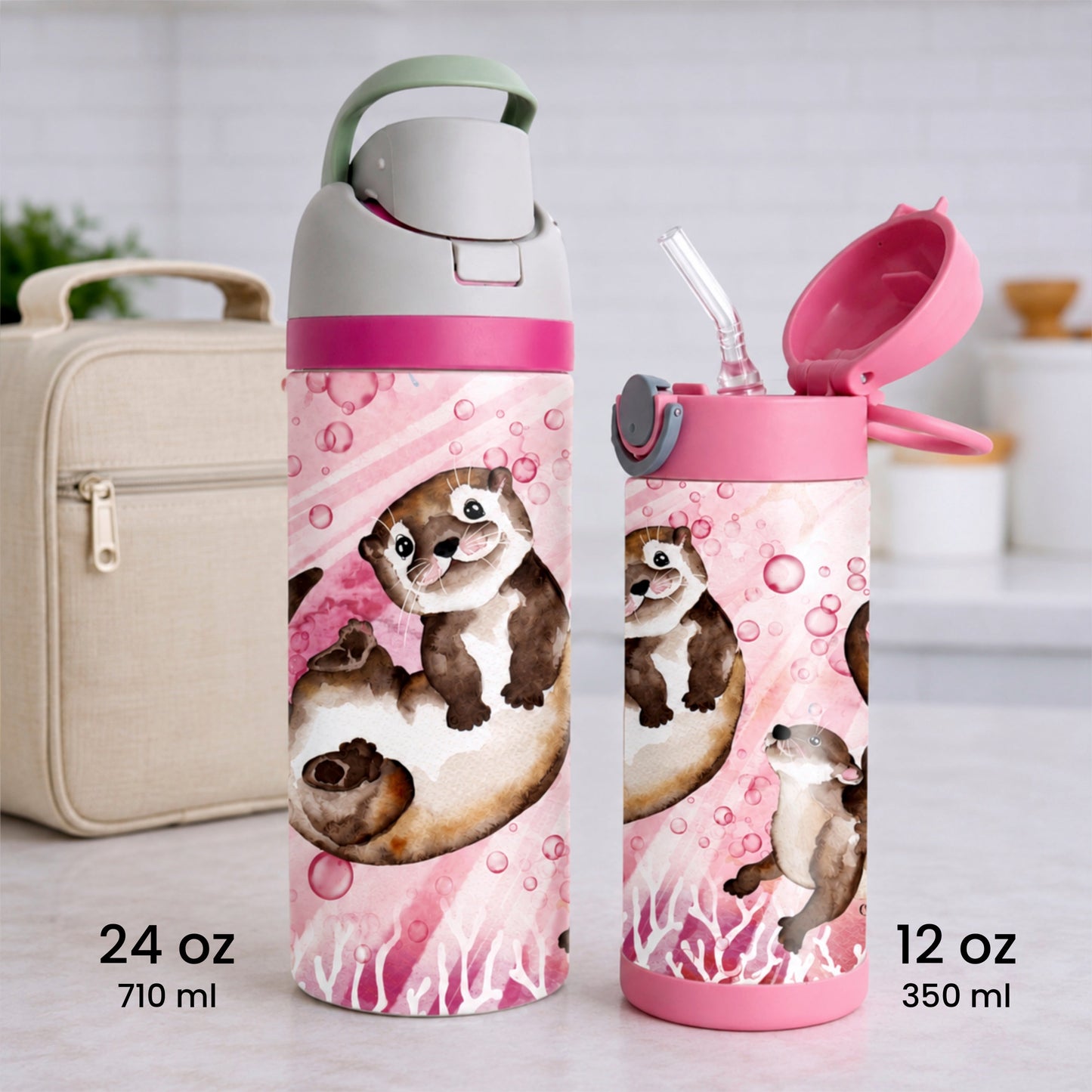 Gourde thermos - Les petites loutres en rose - Verre isotherme - Créations Odie