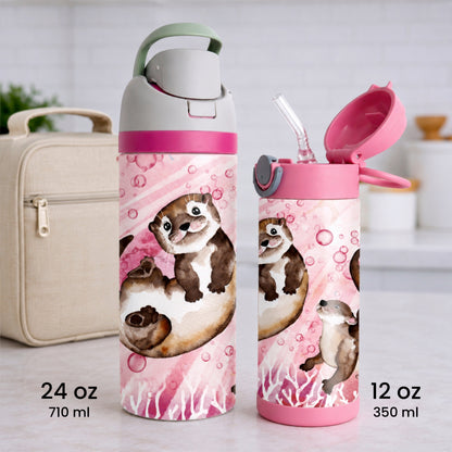 Gourde thermos - Les petites loutres en rose - Verre isotherme - Créations Odie