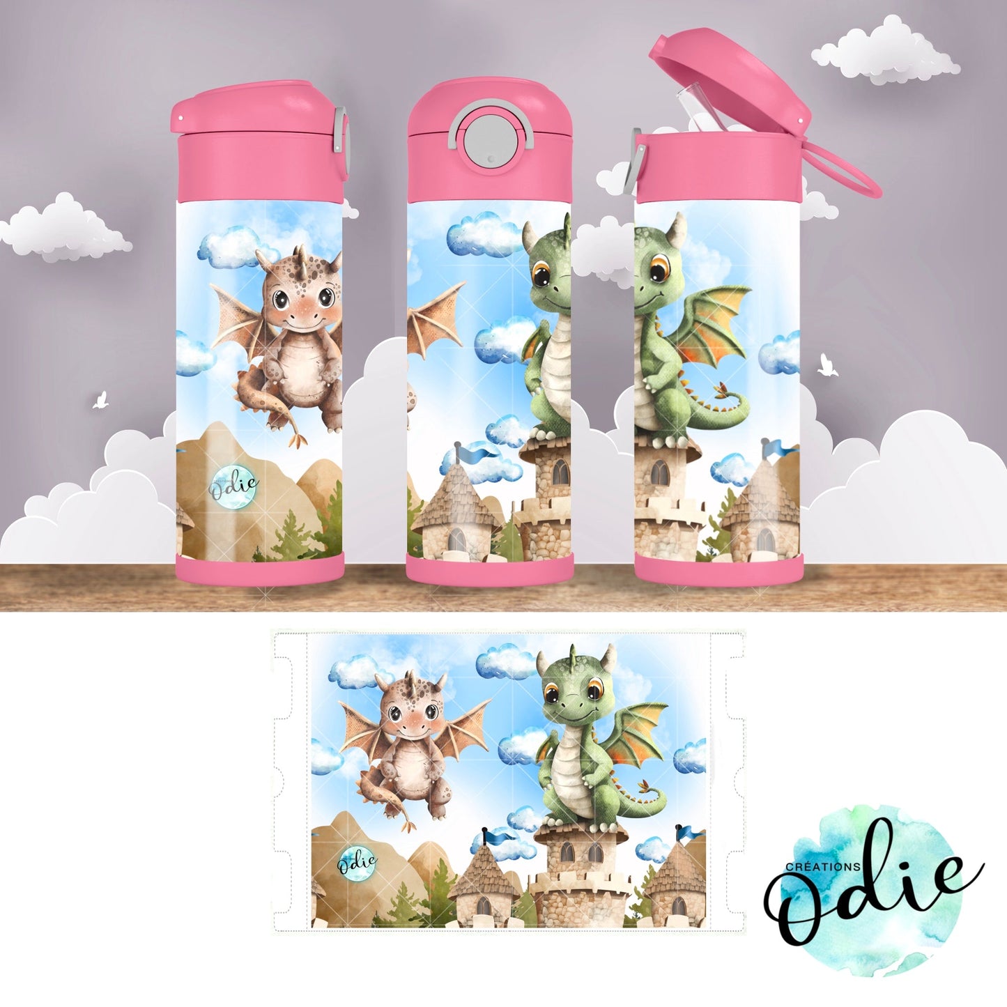 Gourde thermos - Les petits dragons - Verre isotherme - Créations Odie
