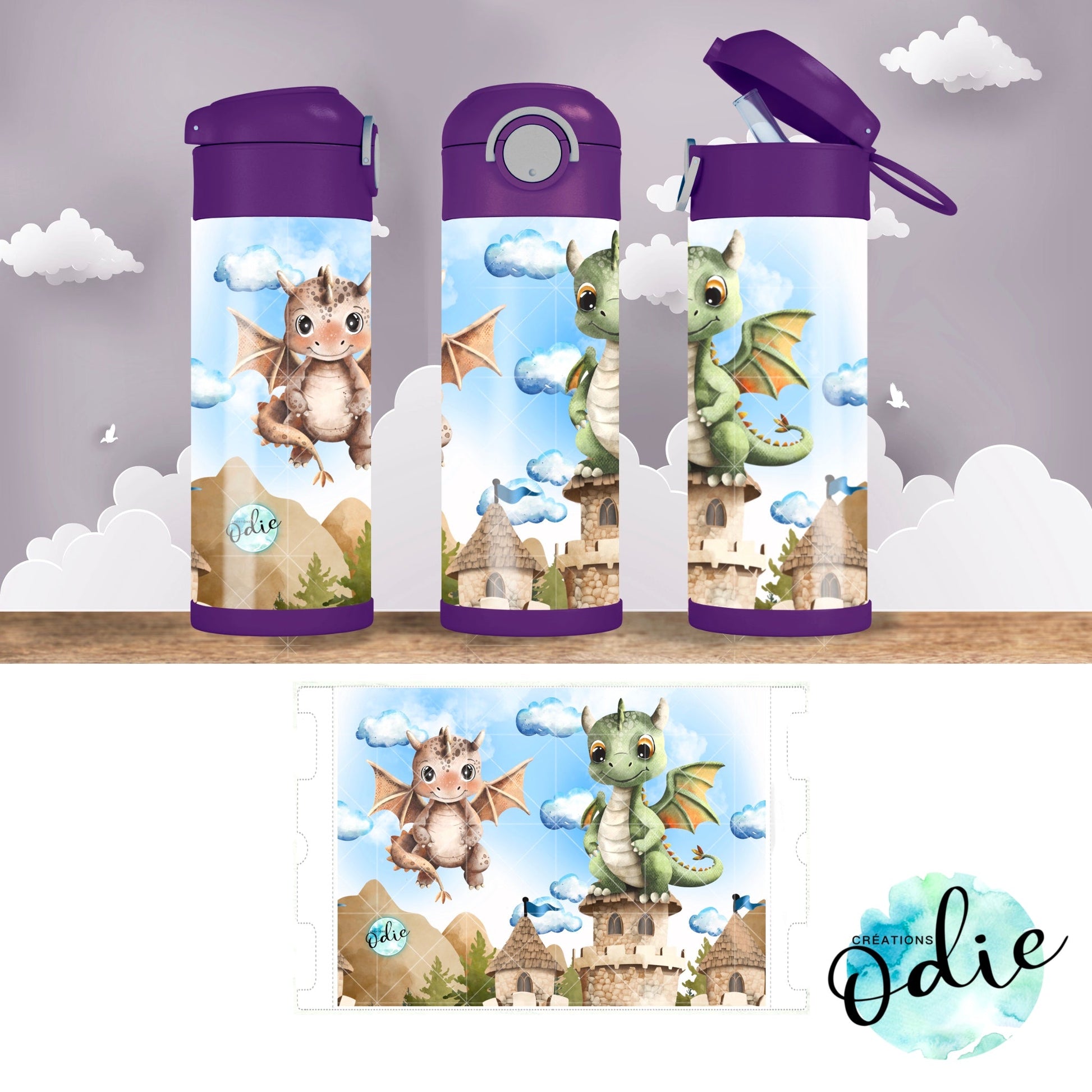 Gourde thermos - Les petits dragons - Verre isotherme - Créations Odie