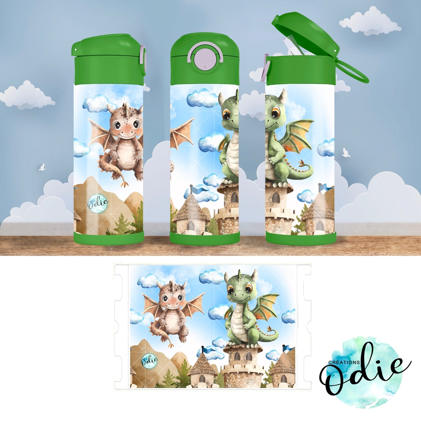 Gourde thermos - Les petits dragons - Verre isotherme - Créations Odie