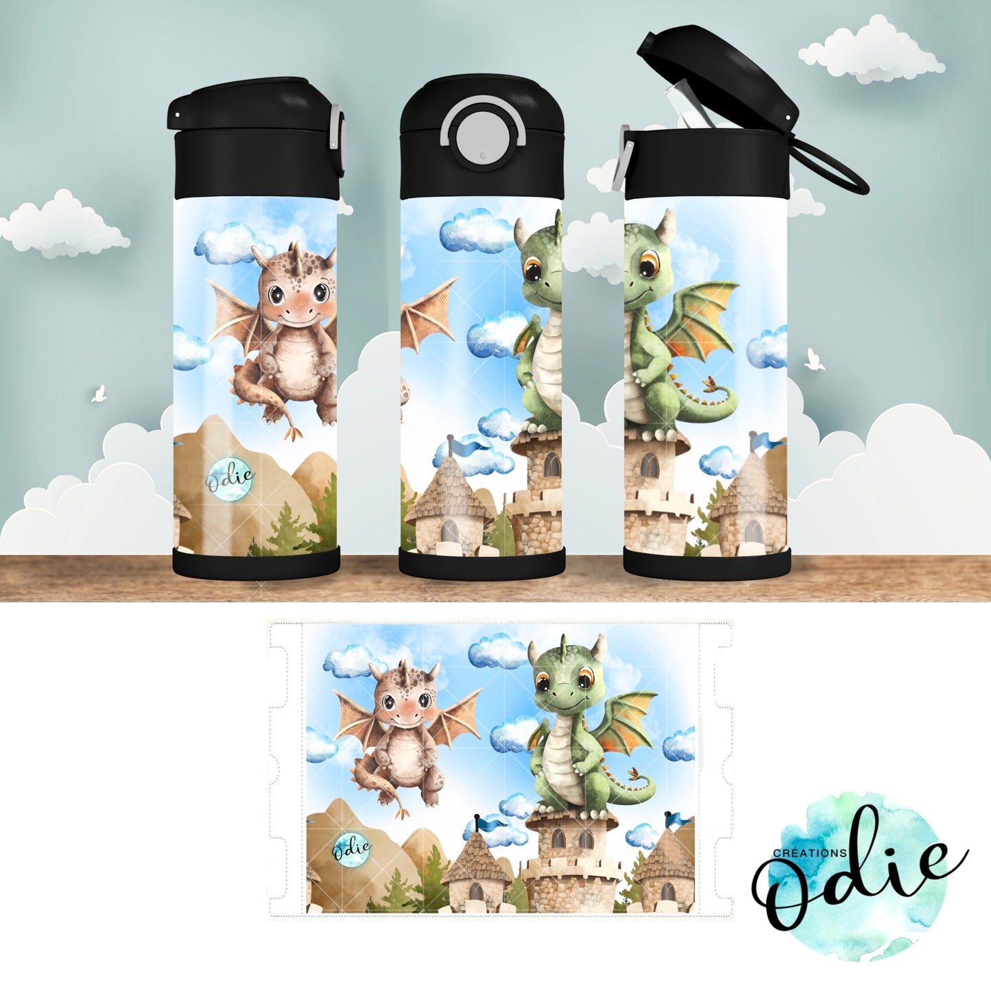 Gourde thermos - Les petits dragons - Verre isotherme - Créations Odie