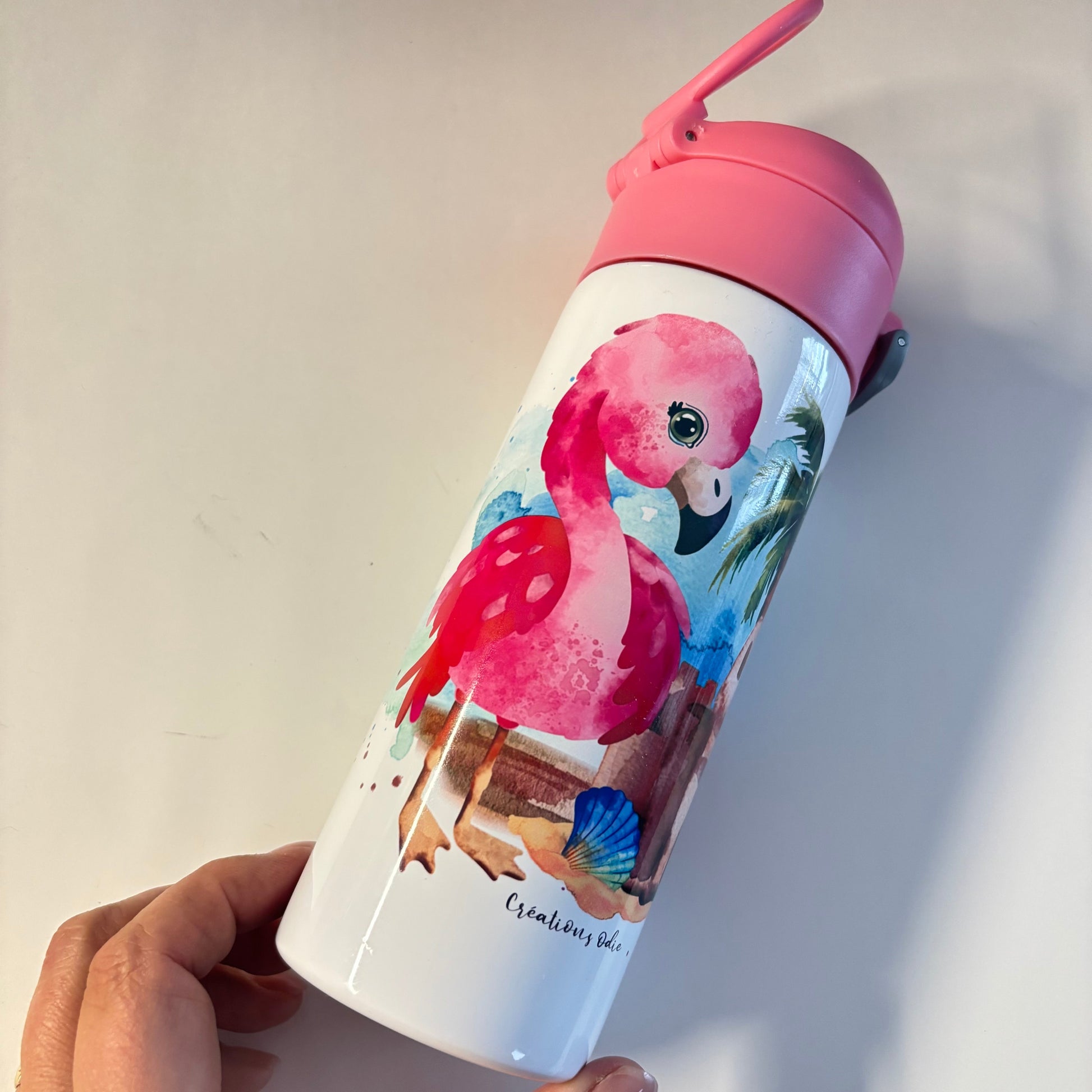 Gourde thermos - Petits flamants roses - Verre isotherme - Créations Odie