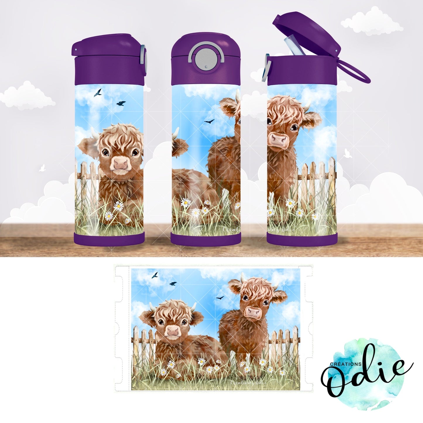 Gourde thermos - Vaches highland - Verre isotherme - Créations Odie