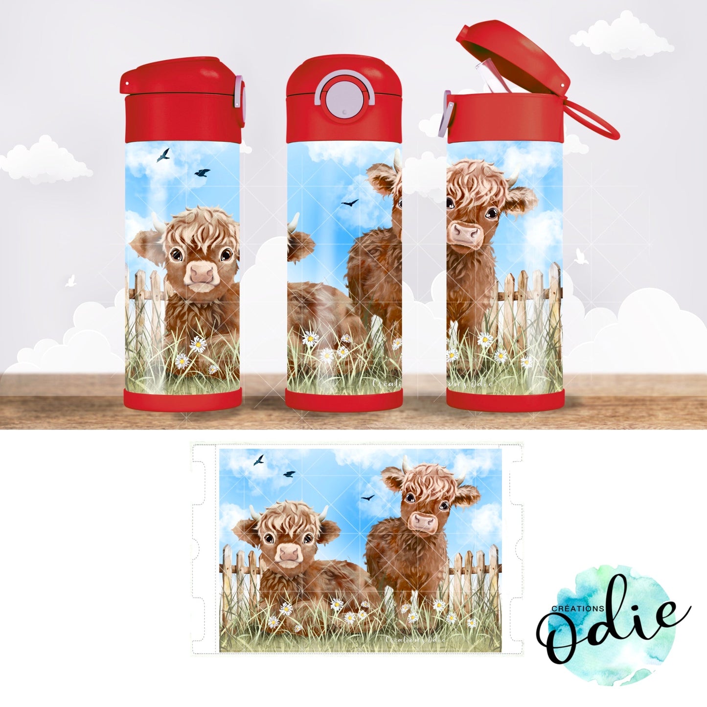 Gourde thermos - Vaches highland - Verre isotherme - Créations Odie