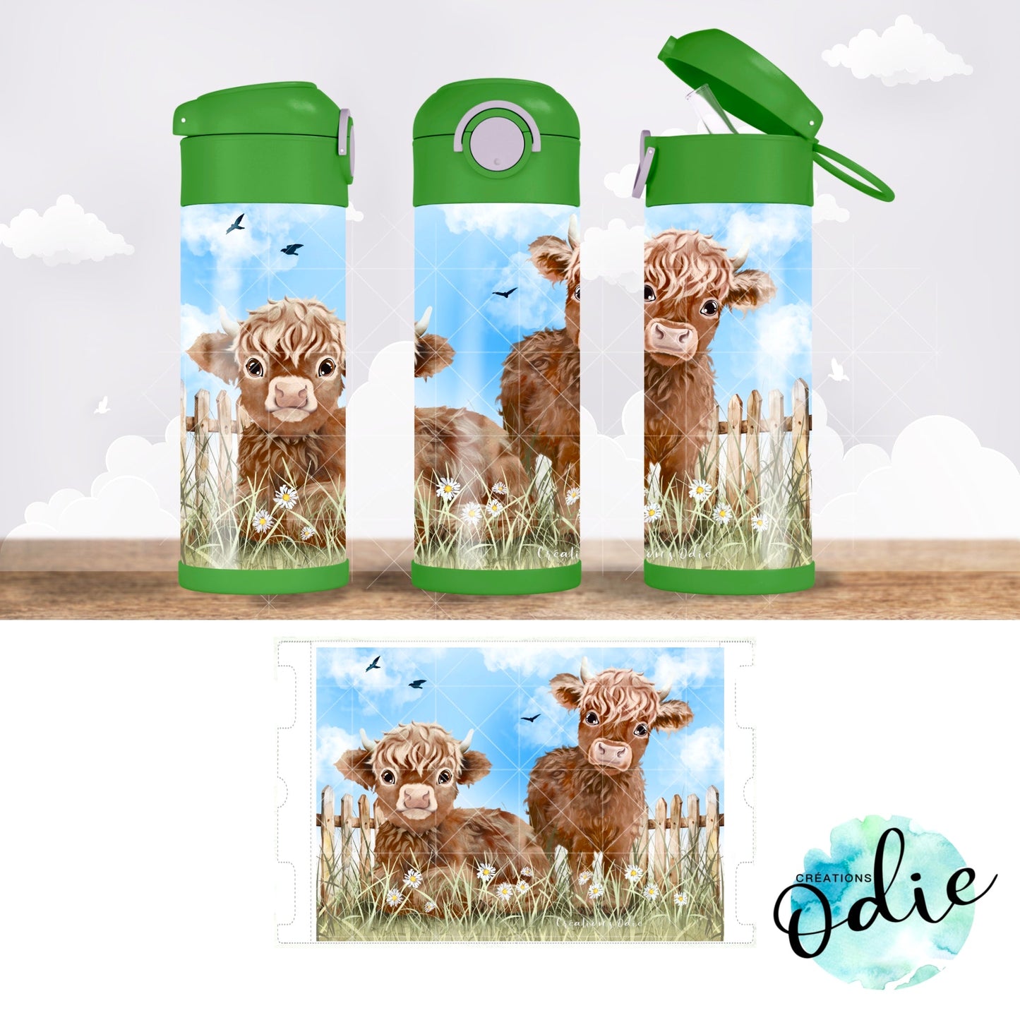 Gourde thermos - Vaches highland - Verre isotherme - Créations Odie
