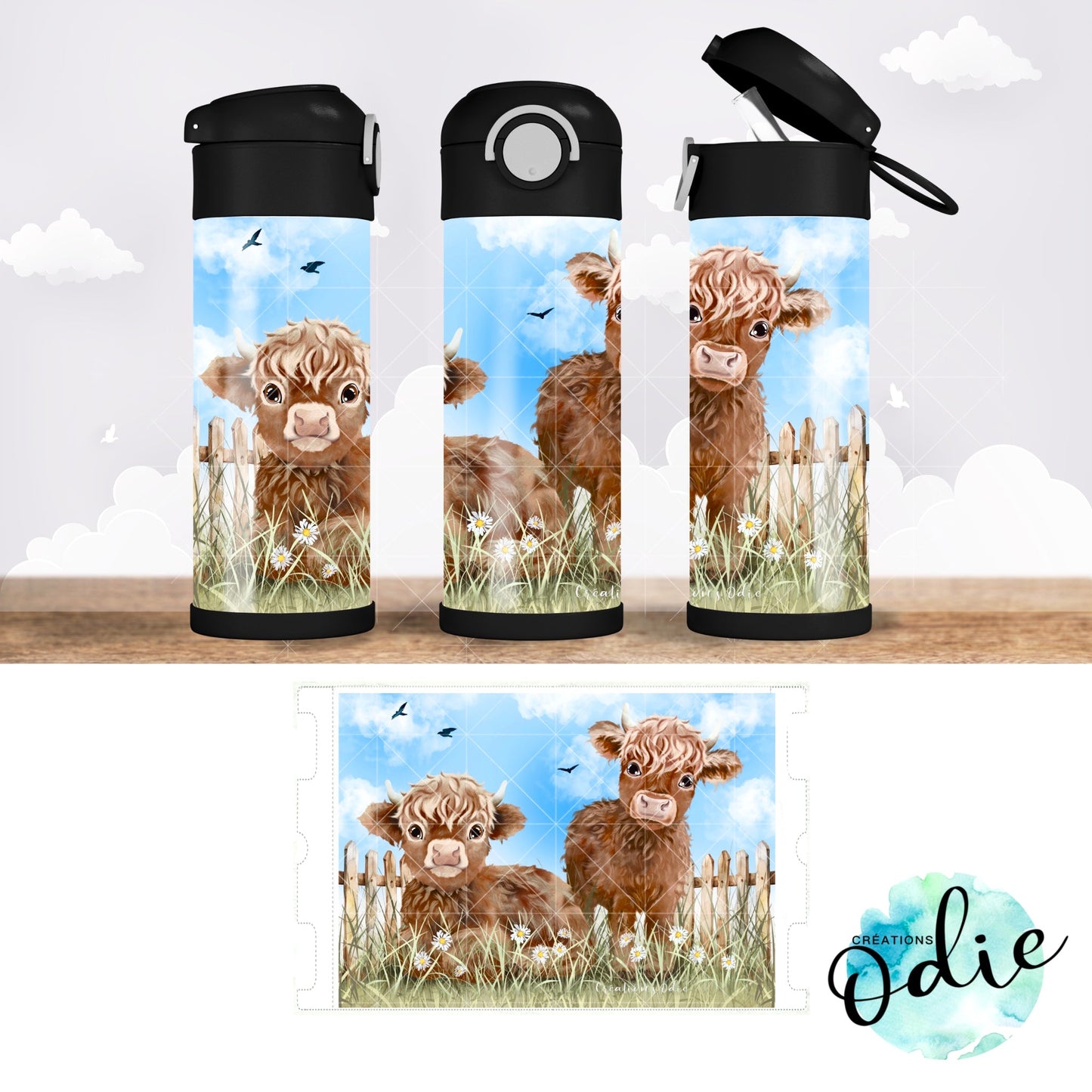 Gourde thermos - Vaches highland - Verre isotherme - Créations Odie