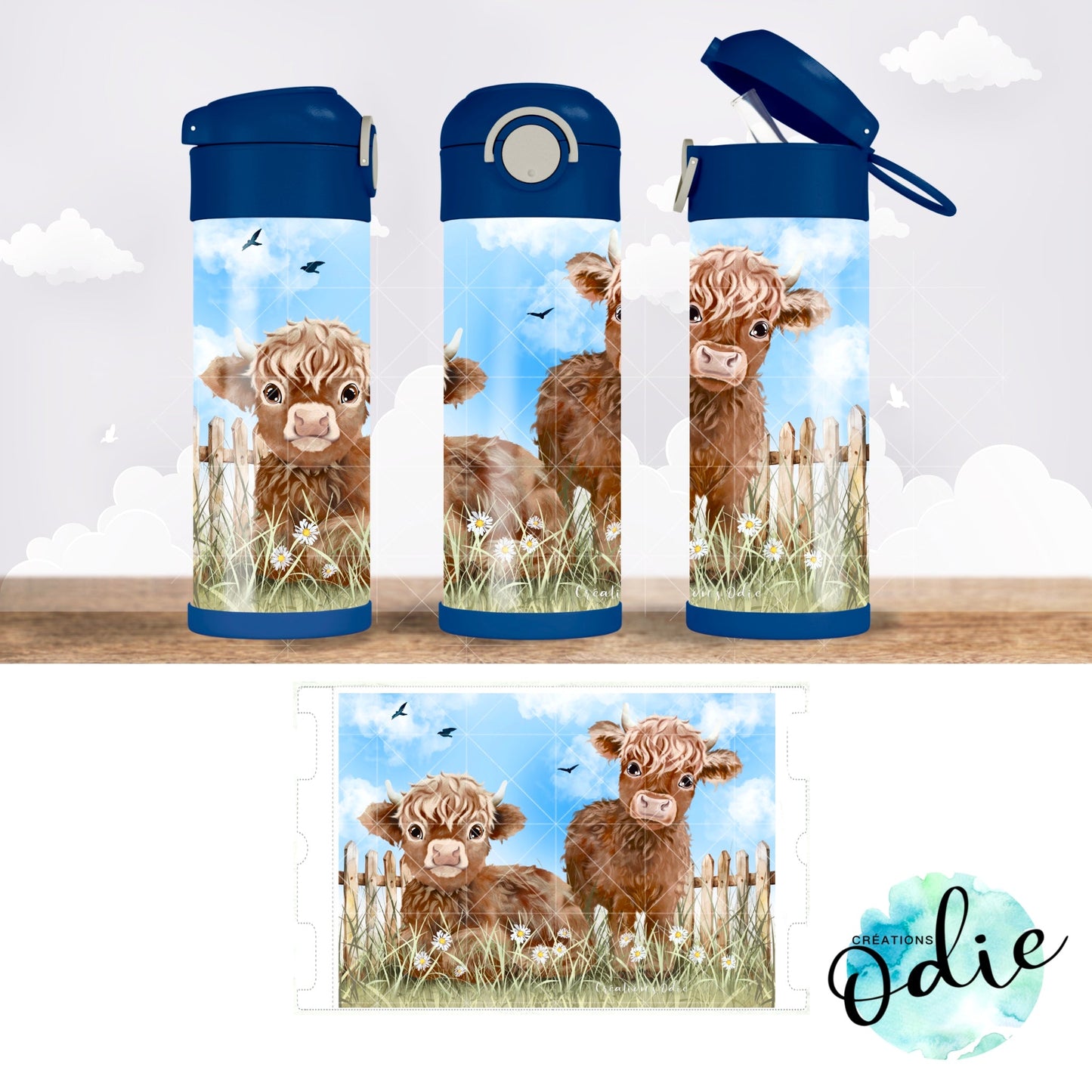 Gourde thermos - Vaches highland - Verre isotherme - Créations Odie