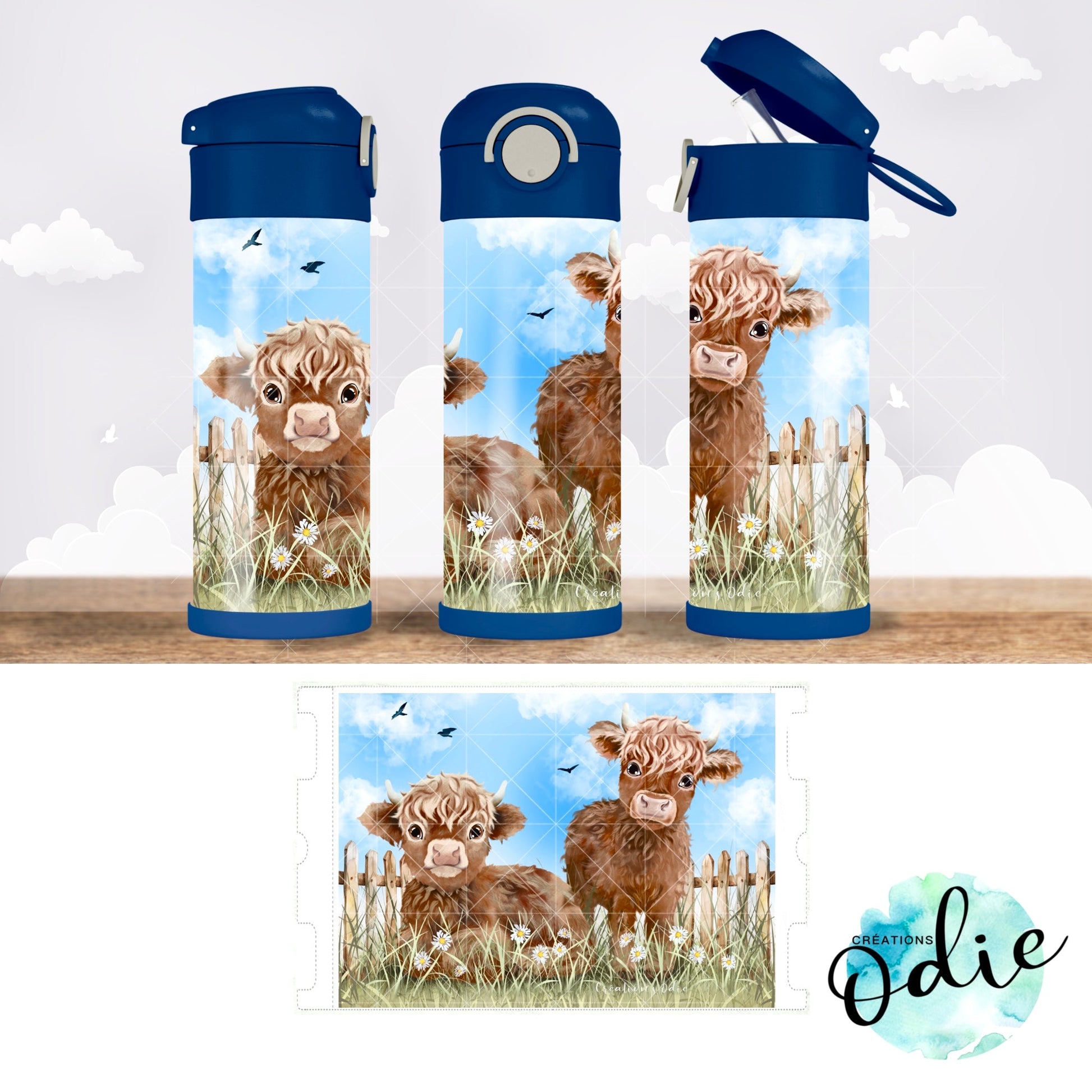 Gourde thermos - Vaches highland - Verre isotherme - Créations Odie