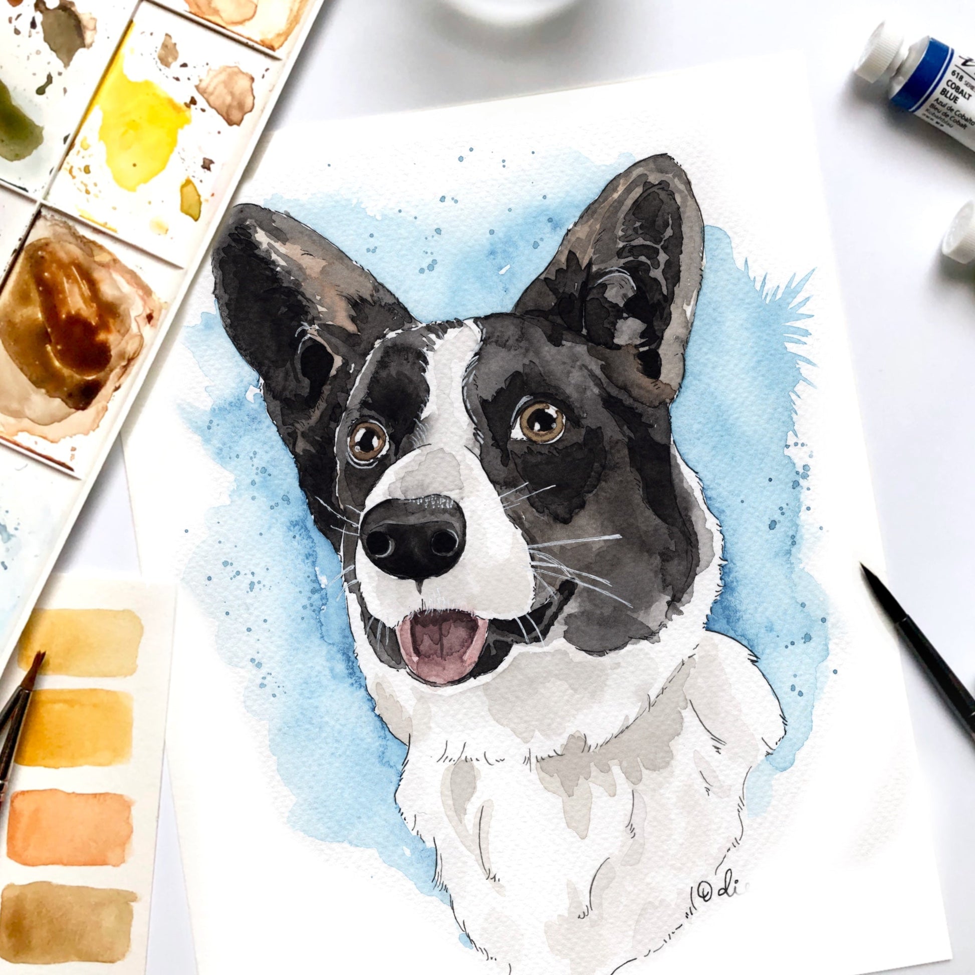 Portrait aquarelle personnalisé d’un chien noir et blanc peint à la main