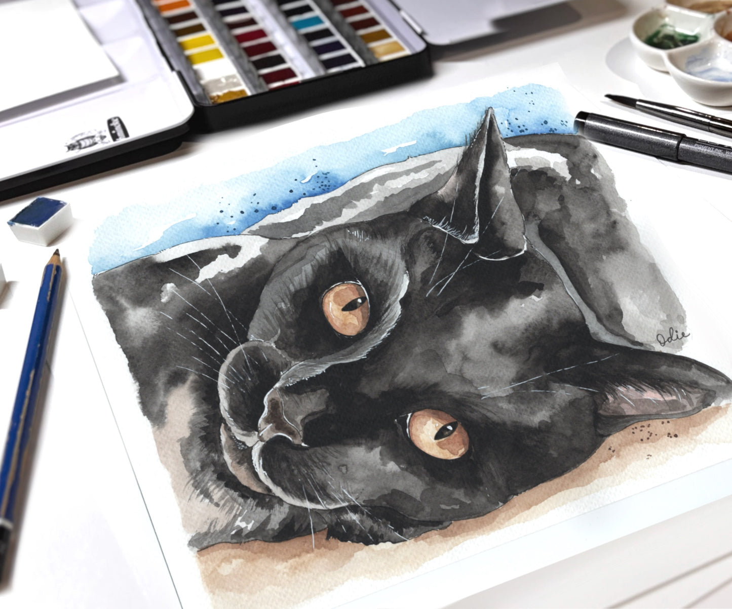Illustration aquarelle d’un chat noir personnalisée