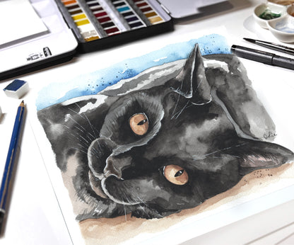 Illustration aquarelle d’un chat noir personnalisée