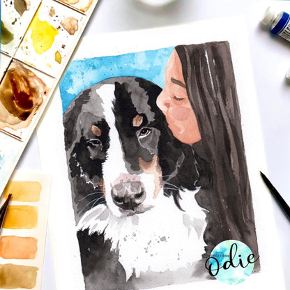 Portrait de chien peint à la main avec sa maitresse sur un fond aquarelle doux