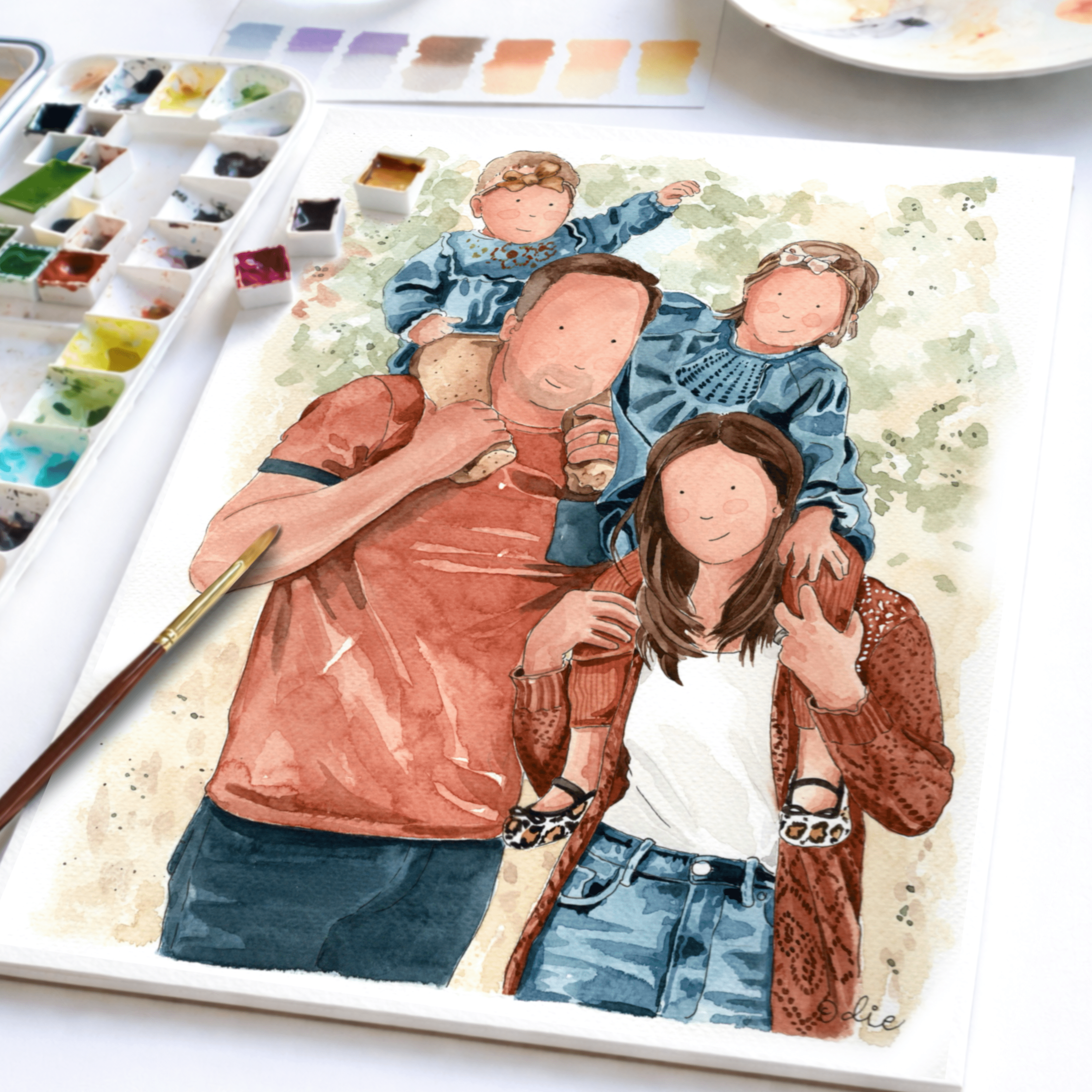 Portrait de famille personnalisé à l’aquarelle - Portrait personnalisé aquarelle - Créations Odie