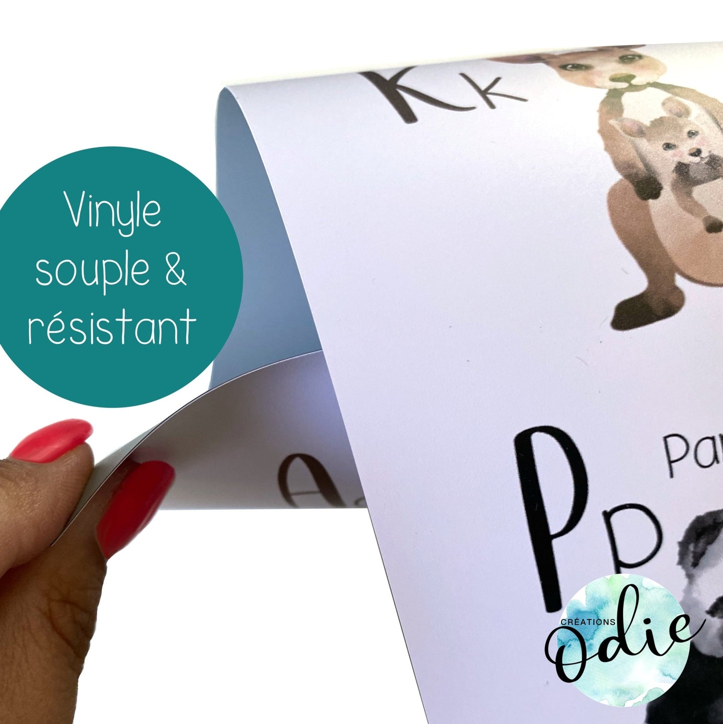 Abécédaire enfant imprimé sur vinyle souple et résistant, facile à installer