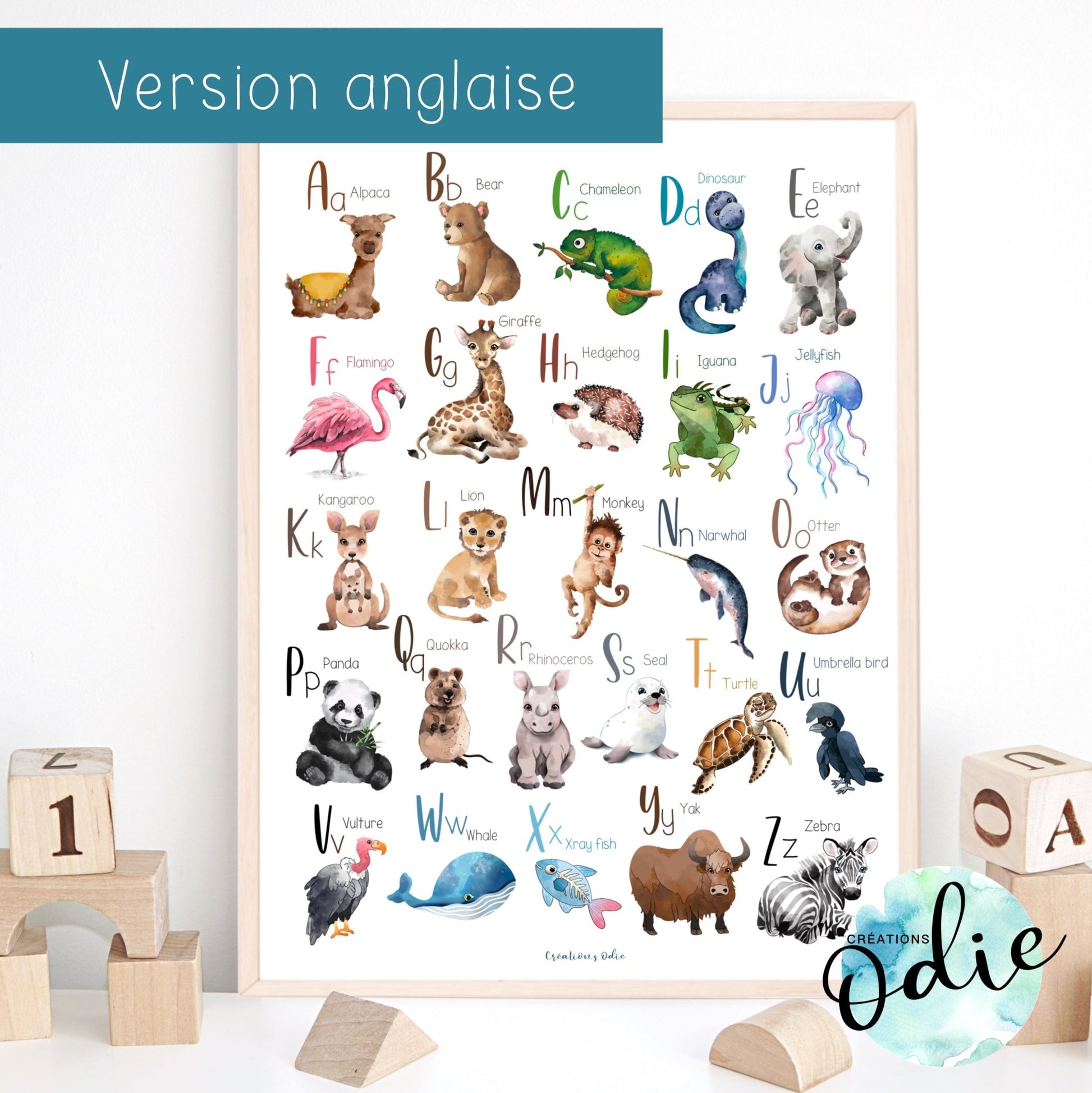 Affiche - Abécédaire 16 X 20 pouces - version anglaise dans un cadre en bois