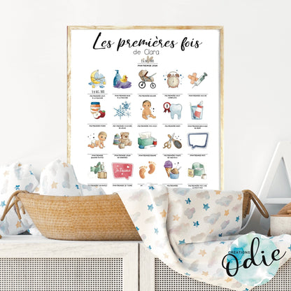 Affiche bébé premières fois installée dans une chambre de bébé au style doux et minimaliste