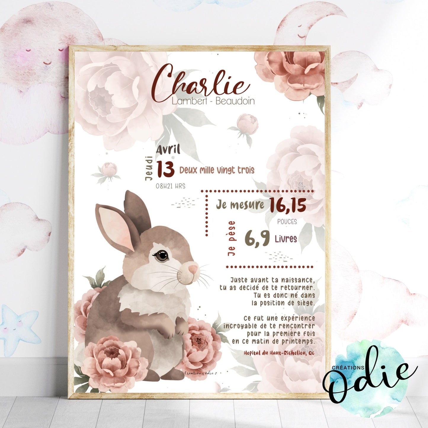 Affiche de naissance - Lapin et pivoines - Bébés et tout-petits - Créations Odie