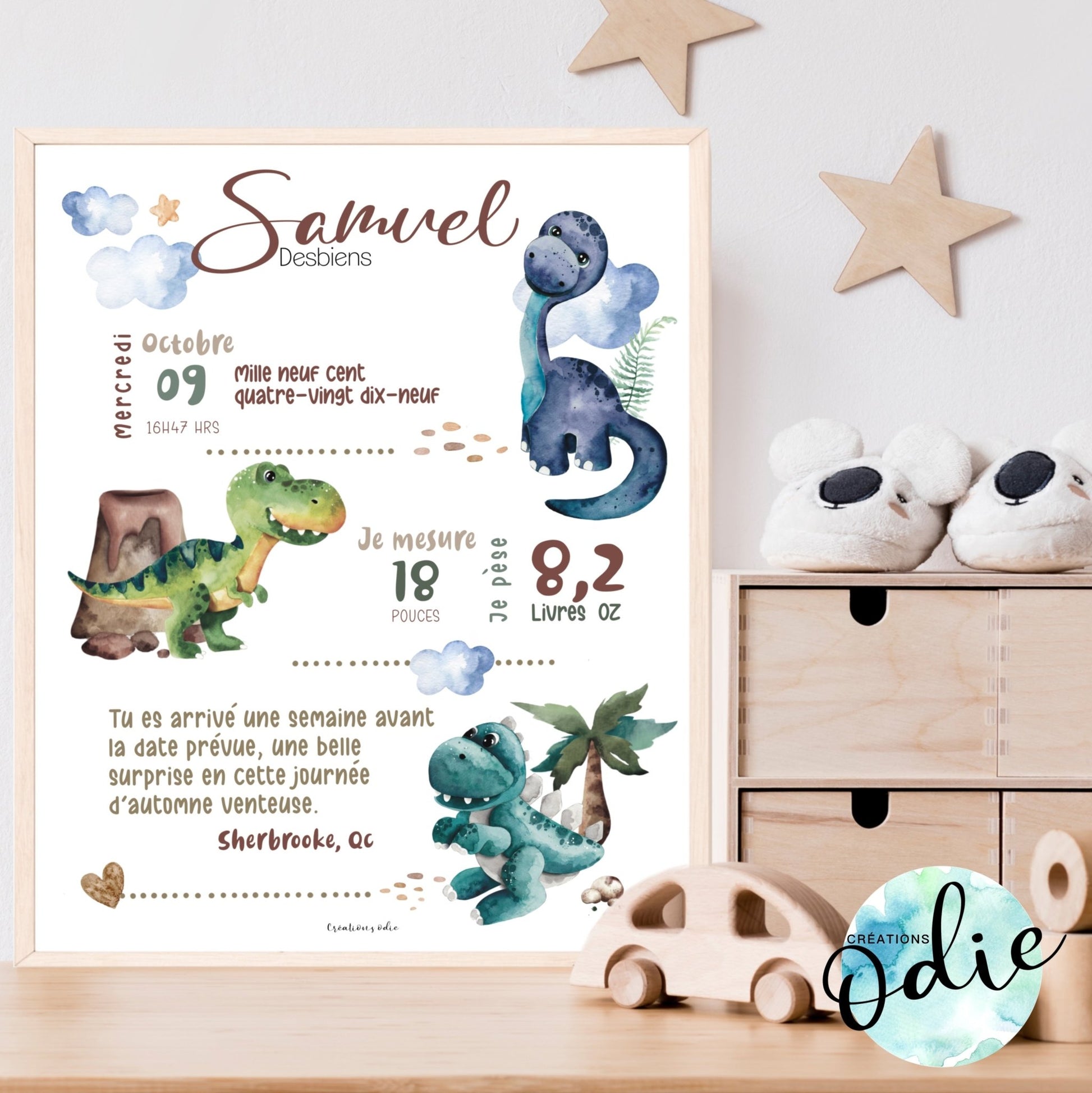 Affiche de naissance - Thème Dinosaures - Bébés et tout-petits - Créations Odie