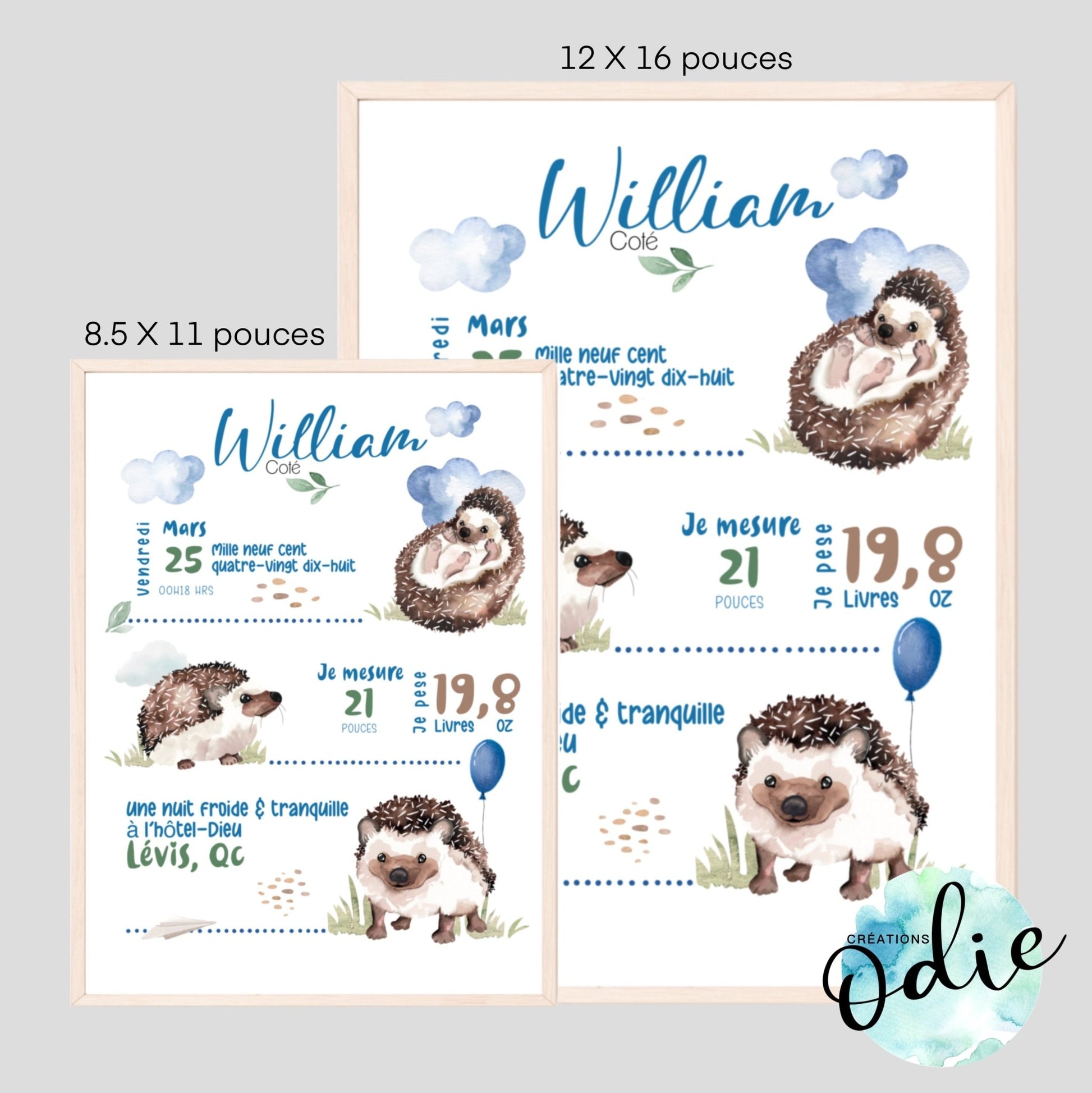 Affiche de naissance - Thème hérisson bleu - Bébés et tout-petits - Créations Odie