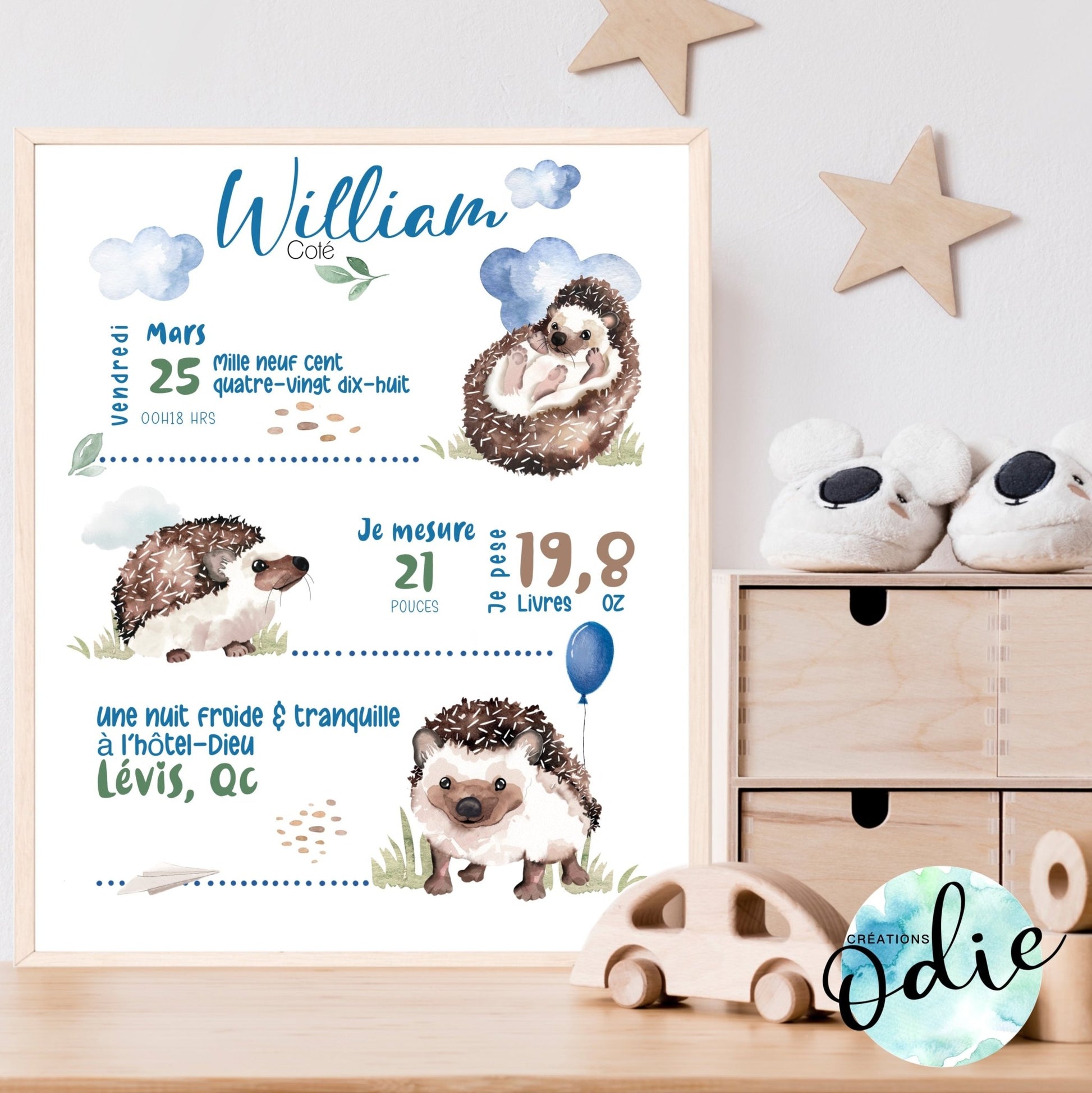 Affiche de naissance - Thème hérisson bleu - Bébés et tout-petits - Créations Odie