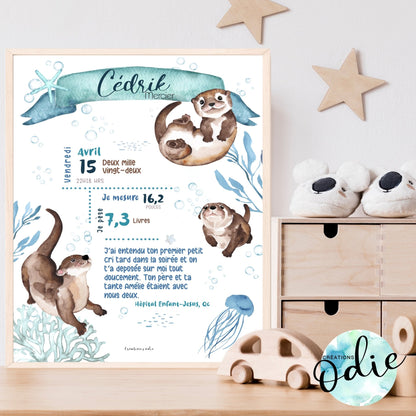 Affiche de naissance - Thème petites loutres Aqua - Bébés et tout-petits - Créations Odie