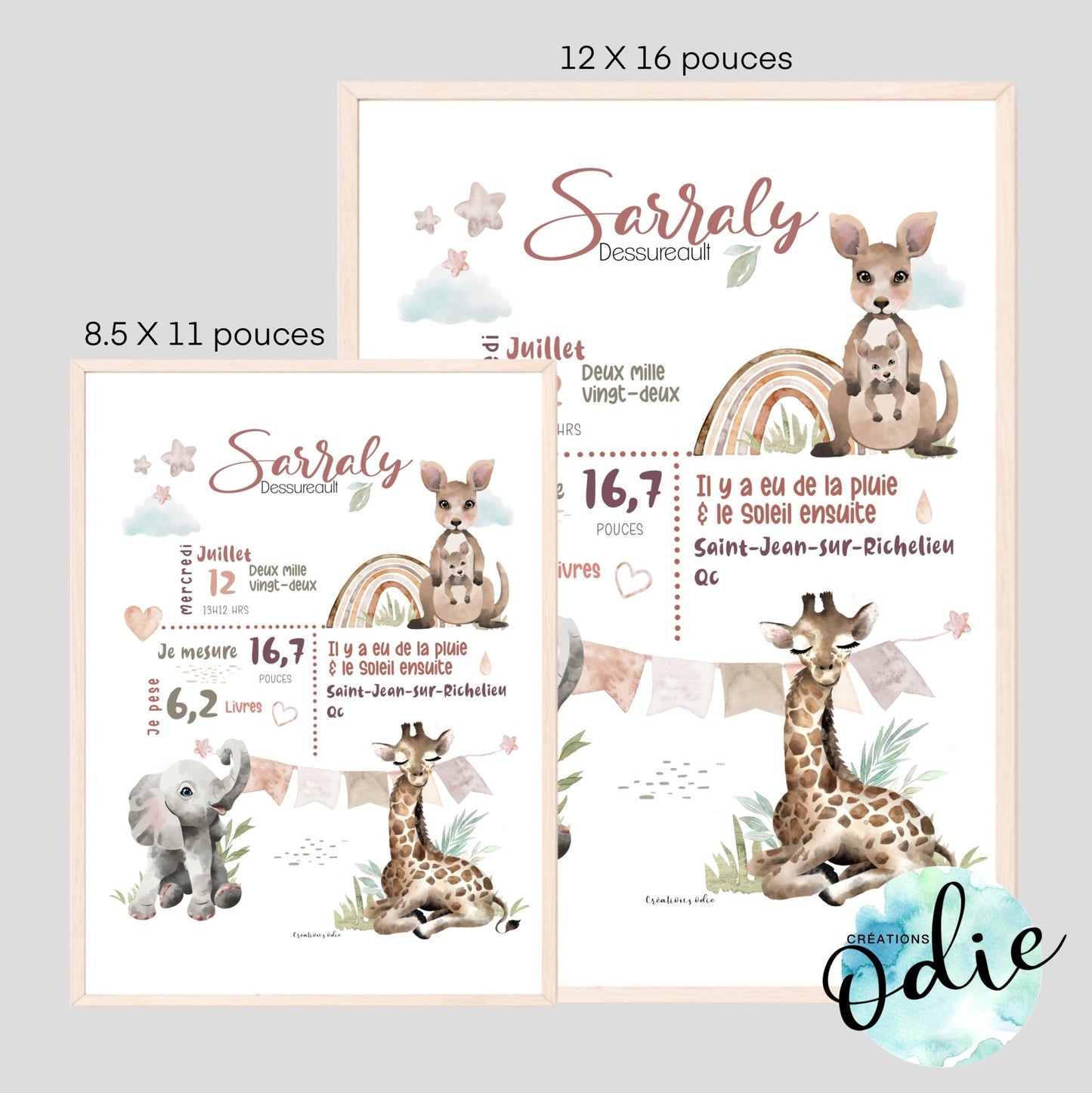 Affiche de naissance - Thème Safari 1 - Bébés et tout-petits - Créations Odie