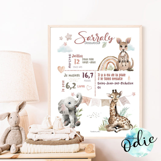 Affiche de naissance - Thème Safari 1 - Bébés et tout-petits - Créations Odie