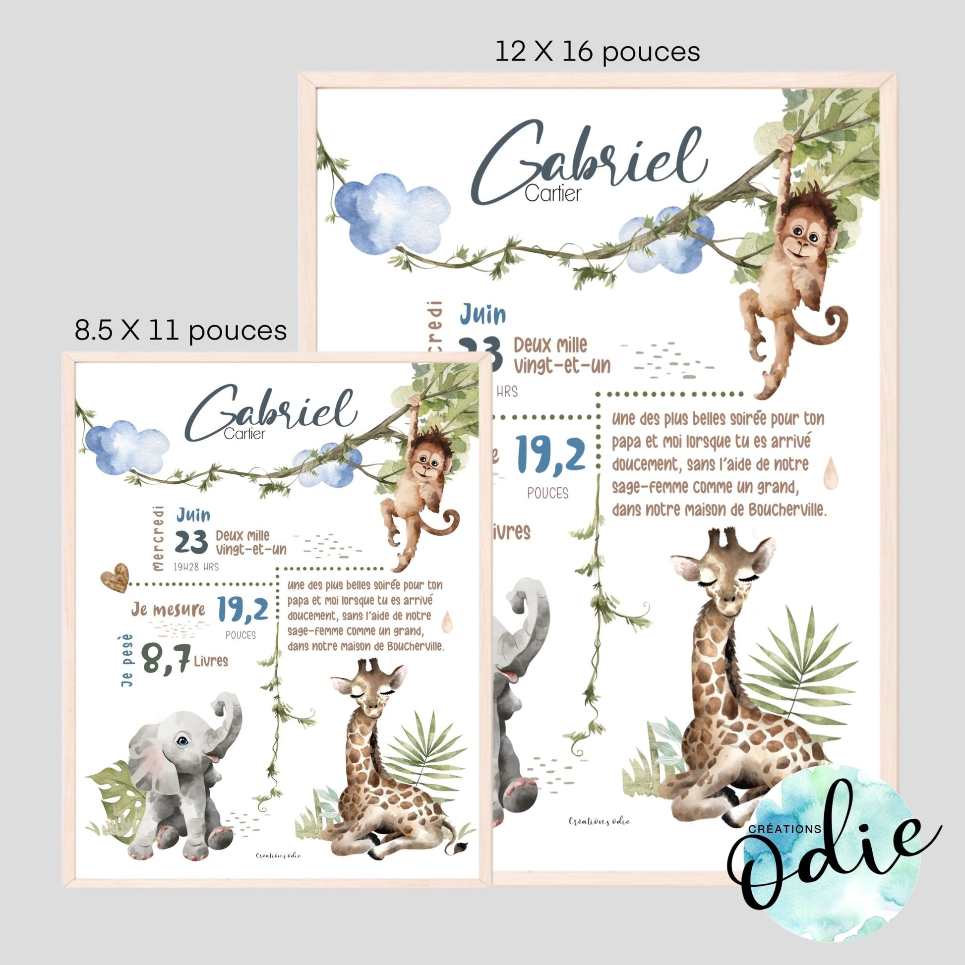 Affiche de naissance - Thème Safari 2 - Bébés et tout-petits - Créations Odie