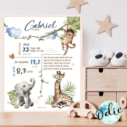 Affiche de naissance - Thème Safari 2 - Bébés et tout-petits - Créations Odie