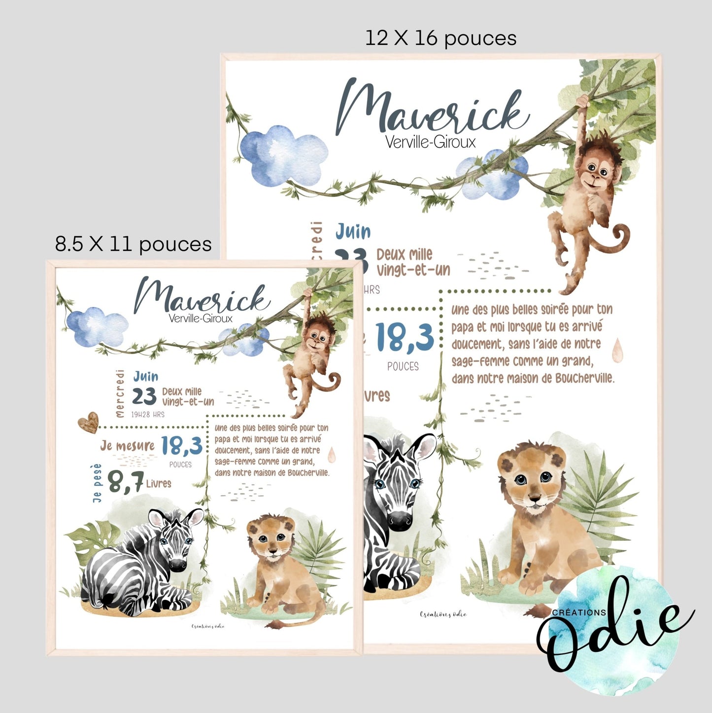 Affiche de naissance - Thème Safari 3 - Bébés et tout-petits - Créations Odie