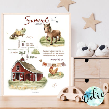 Affiche de naissance - Thème une ferme à la campagne - Bébés et tout-petits - Créations Odie