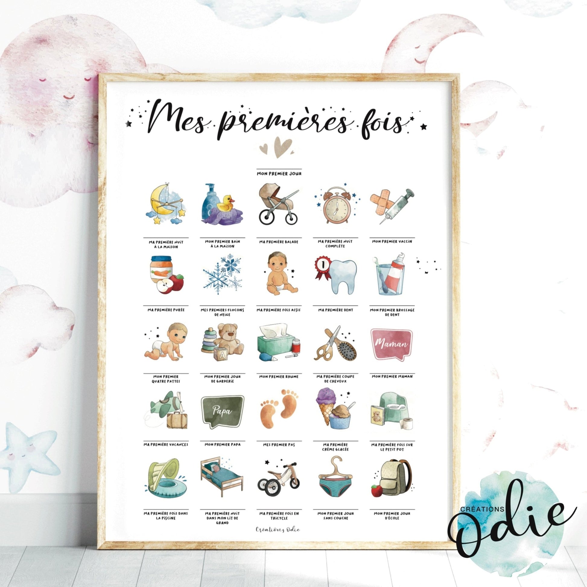 Affiche des premières fois de bébé à compléter dans un cadre, décoration douce pour chambre d’enfant
