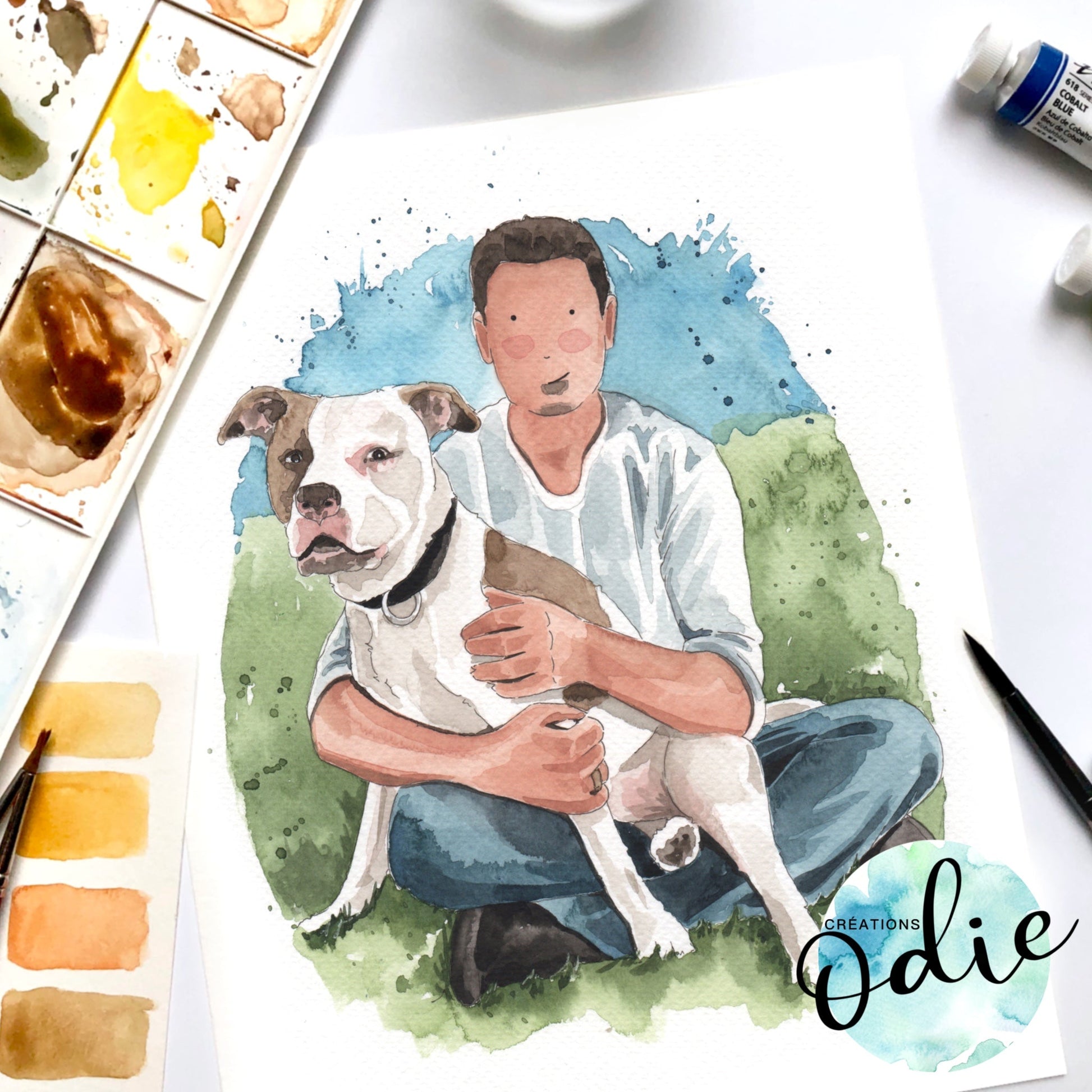 Portrait de famille à l’aquarelle avec animal de compagnie personnalisé