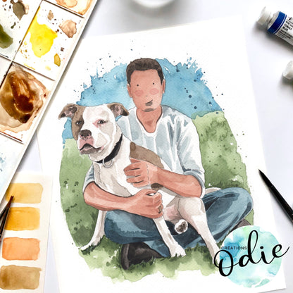 Portrait de famille à l’aquarelle avec animal de compagnie personnalisé