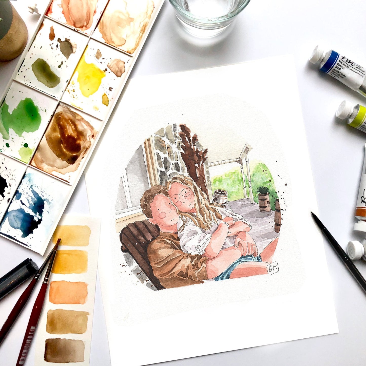 Portrait de couple aquarelle aux couleurs douces et naturelles