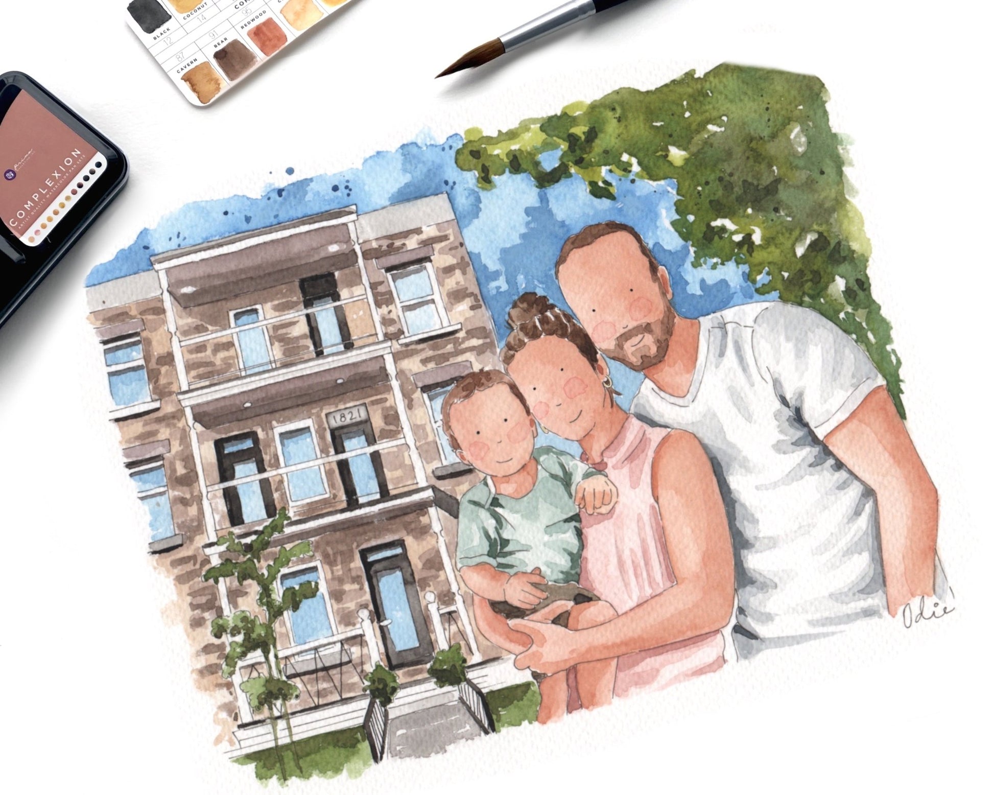 Portrait aquarelle de famille créé à partir de photos souvenirs