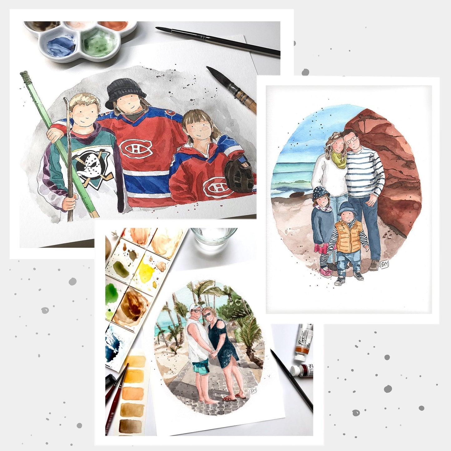 Portrait de famille aquarelle réunissant plusieurs personnes à partir de photos différentes