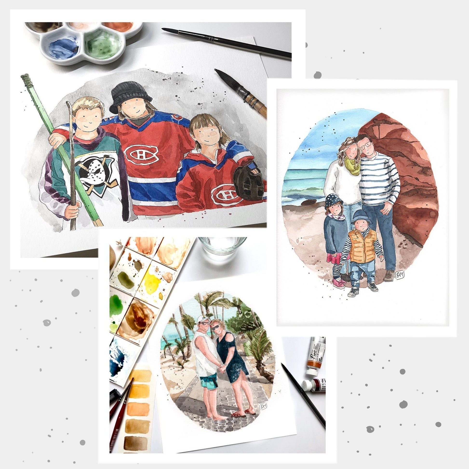 Portrait de famille aquarelle réunissant plusieurs personnes à partir de photos différentes