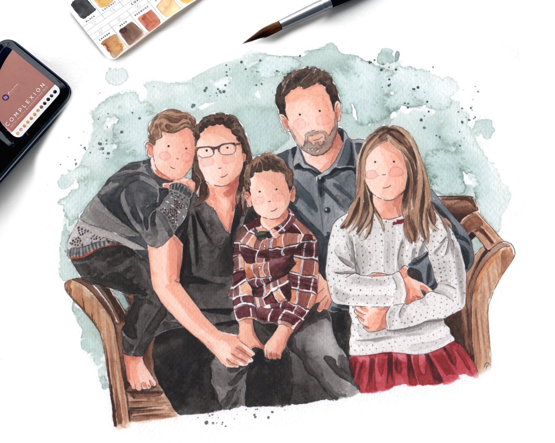 Portrait de famille aquarelle fait à la main dans un atelier au Québec